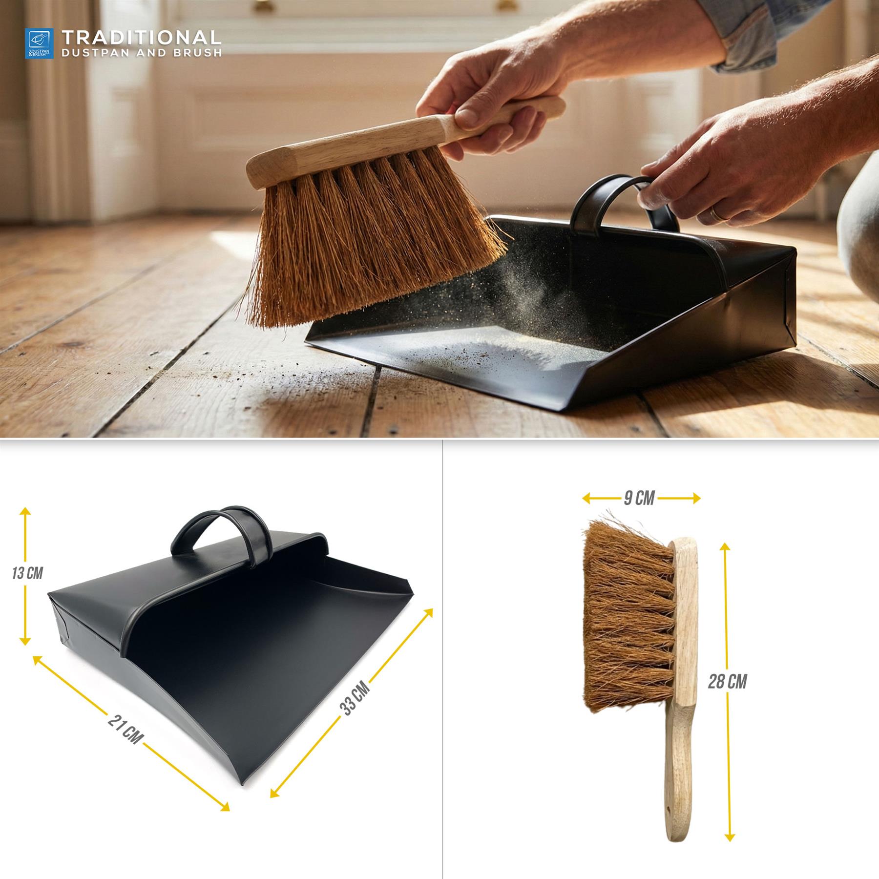 Metal Hooded Dustpan and Brush Set with Soft Coco Brush