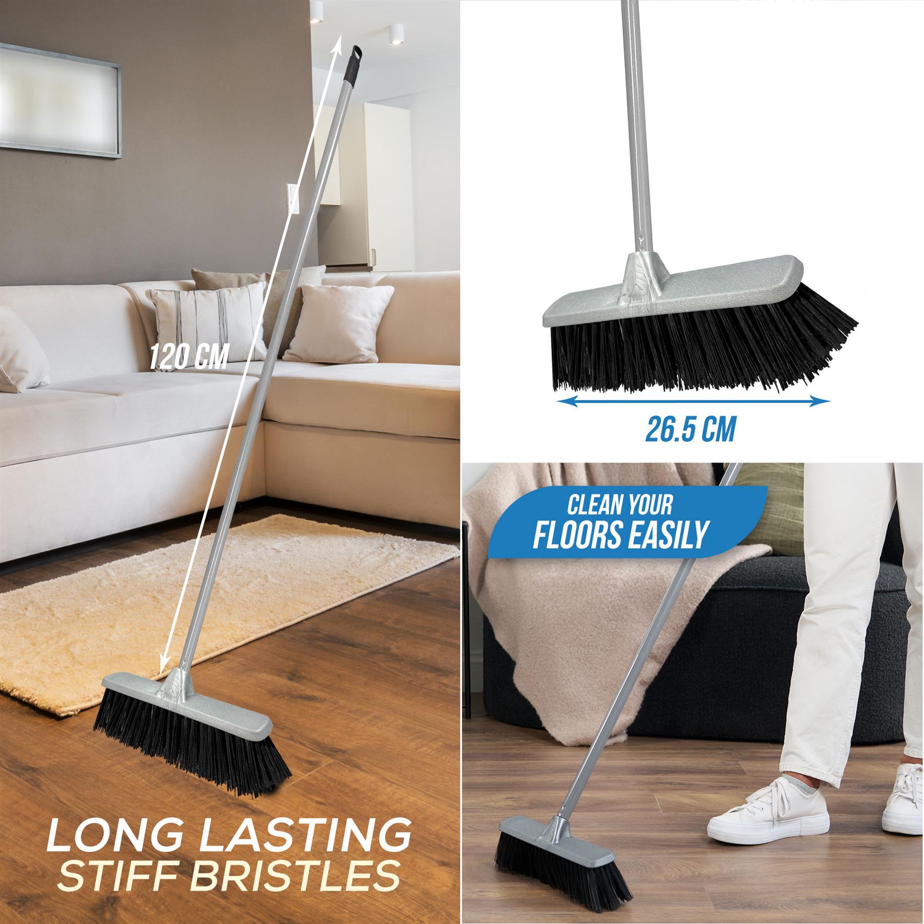 Silver Indoor Stiff Sweeping Brush Head and Handle Kitchen Broom Floor Sweeper
