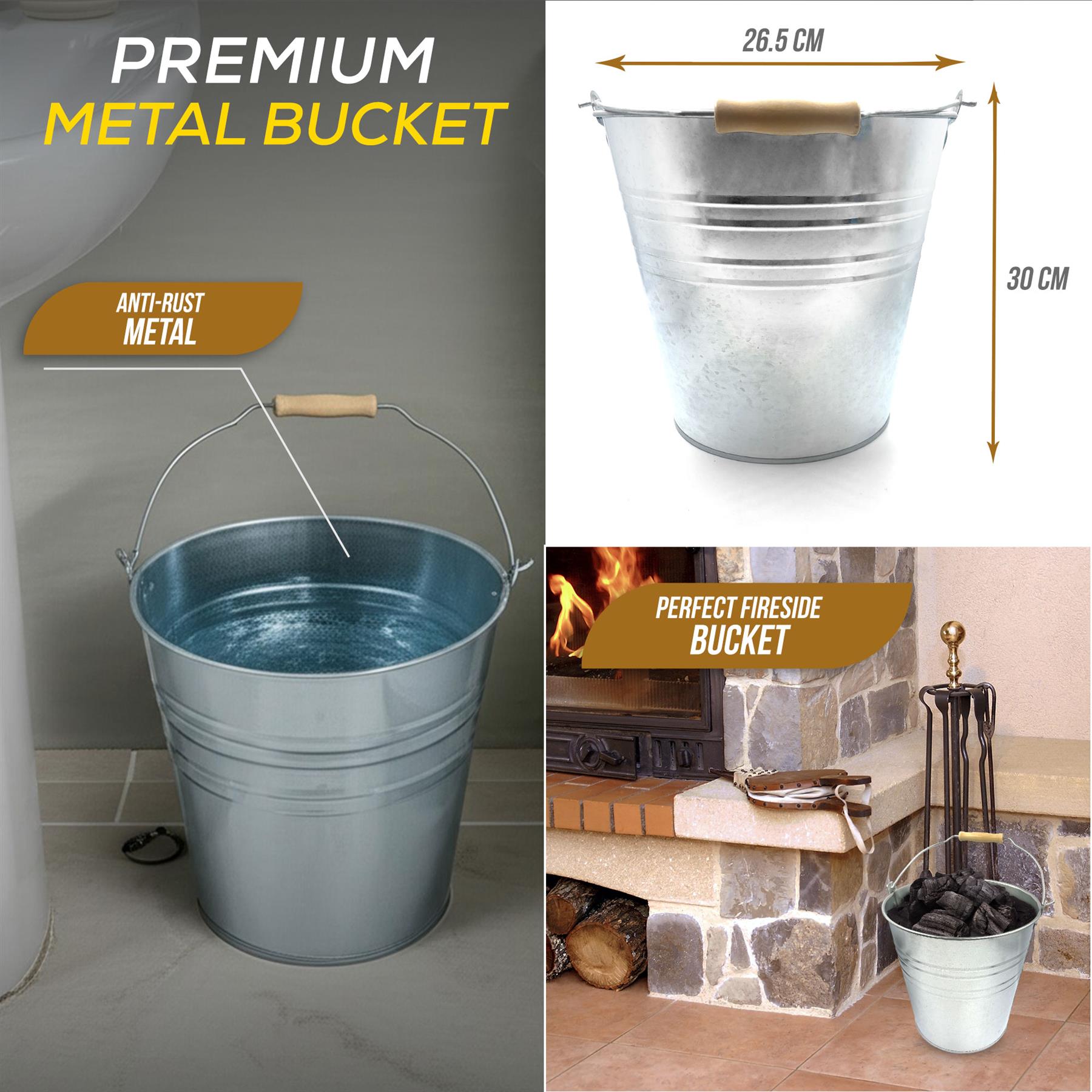 12L Galvanised Steel Bucket with Wooden Handle | Metal Bucket