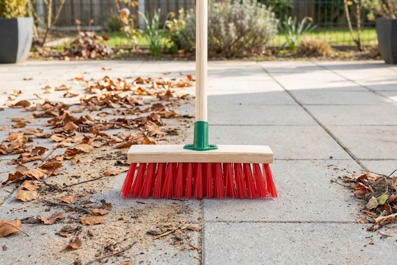 12" Stiff PVC Outdoor Broom with Handle | Red Garden Sweeping Brush