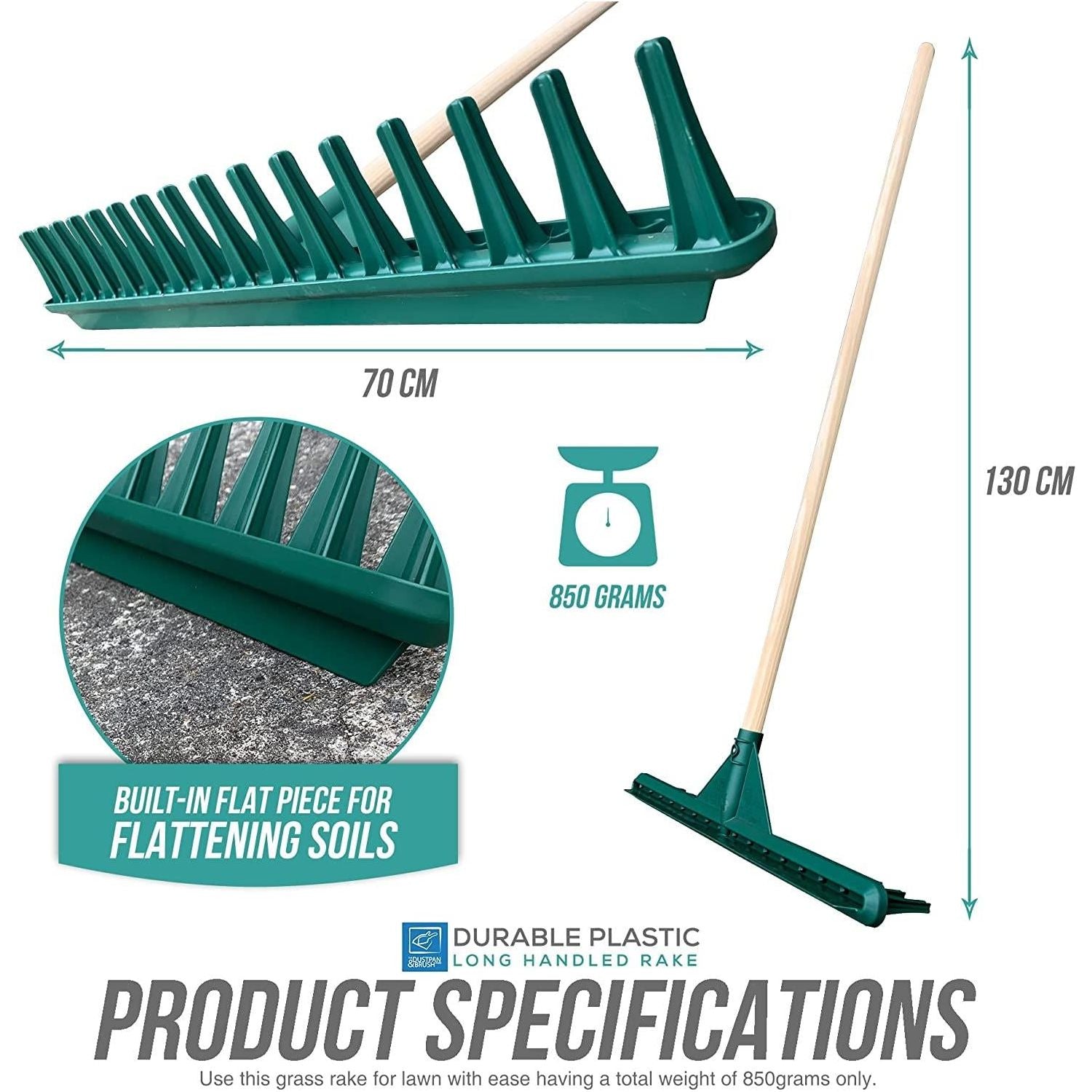 Big Plastic Rake Head with Wooden Handle – 70cm Garden Rake