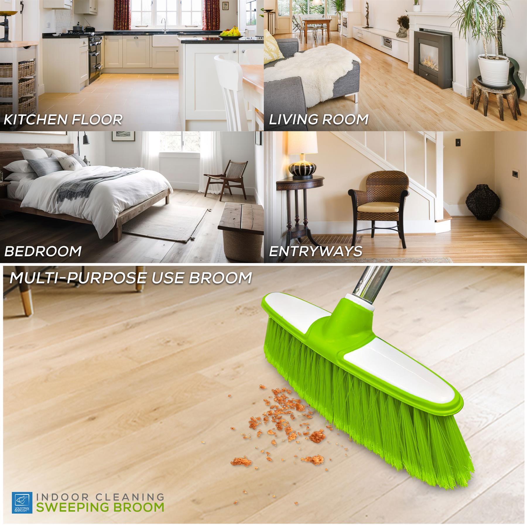 Green & White Soft Indoor Broom with 4 Piece Steel Handle