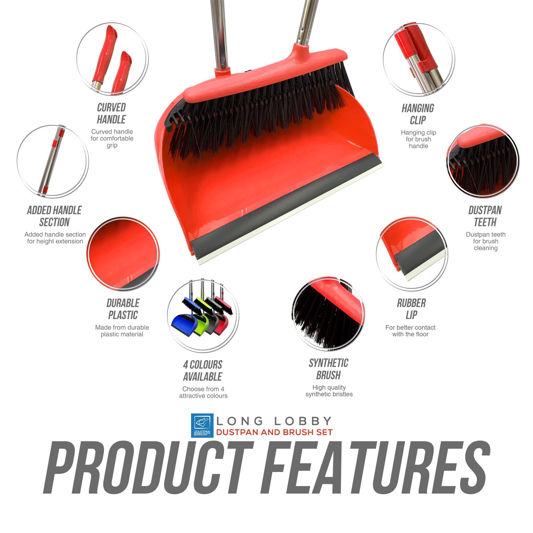 Long Handled Dustpan and Brush Set with Multi-Section Handle