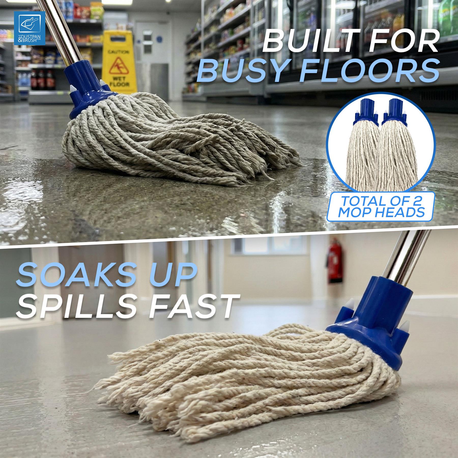 Blue Mop Bucket Set with 2 Cotton Mop Heads & Handle